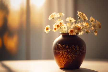 Spring time still live with bouquet of flowers in vase on blurred window horizontal background. AI generative image.の素材