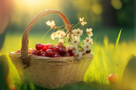Delicious fresh cherries in a basket on nature background, healthy diet. AI generated image.の素材