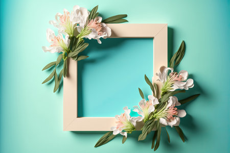square frame with beautiful floral decoration made of alstroemeria plant with flowers in different colors. Greeting card template with copy space. Border with blank place for text. AI generated image.の素材