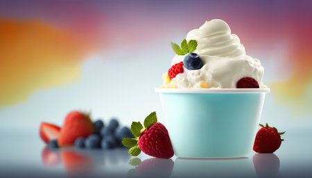 Close up creamy delicious yogurt with strawberry and blueberry, dairy product, healthy organic food advertising banner. AI generative image.の素材