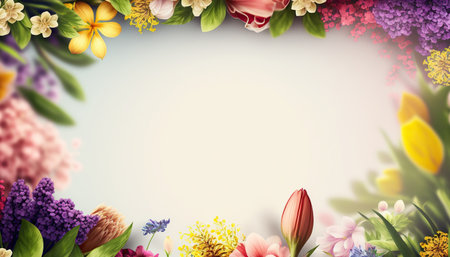 Springtime different flowers border frame with copy space in the middle. beautiful floral background. AI generative image.の素材