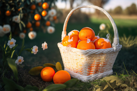 Delicious fresh citrus oranges in a basket on nature background, healthy diet. AI generated imageの素材