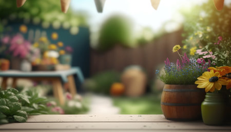 Illustration of cozy decorative garden with flowers and green vegetation outdoor horizontal background banner with copy space. AI generative image.の素材