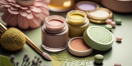Set of different organic cosmetic beauty products on background with spring flowers. Showcase of eco-friendly cosmetics. horizontal banner. wellness concept. AI generative image.の素材