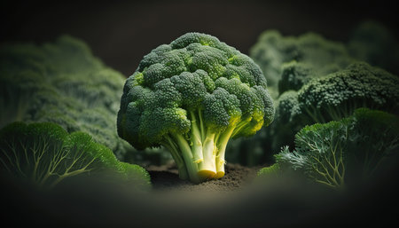 Close up fresh tasty green broccoli. Healthy vegetable food. AI generative image.の素材