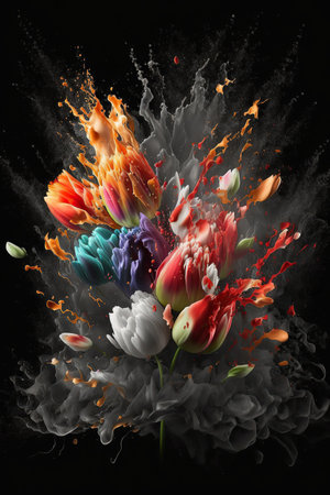 Vibrant color abstract explosion of tulip flowers. Artistic floral vertical mobile screen splash template. AI generative art.の素材