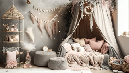 Boho style child's room, cozy bright interior. horizontal indoor background. AI generative image.の素材