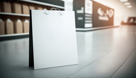 Close up shopping bag mockup with blurred store interior indoor horizontal background. Sale time concept. AI generative image.の素材