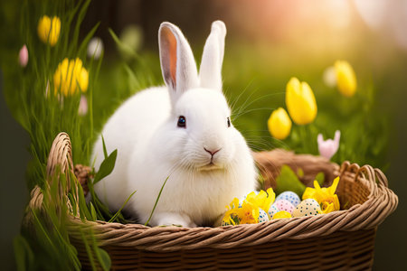 Adorable white Easter rabbit with eggs on spring nature background. AI generative image.の素材