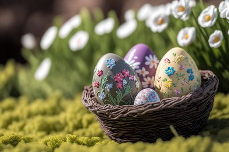 Basket with painted Easter eggs, floral nature background. selective focus. AI generated image.の素材