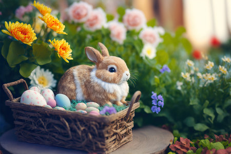Adorable Easter rabbit with eggs on spring nature background. AI generative image.の素材