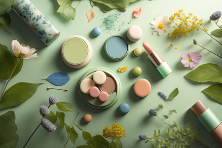 Closeup of various organic cosmetic products and springtime flowers on bright background. show case. natural beauty care concept. horizontal banner. AI generative image.の素材