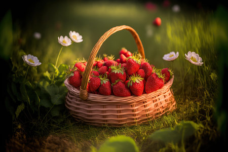 Delicious fresh stravegetarian foodwberries in a basket on nature background, healthy diet. AI generated image.の素材