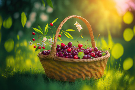 Delicious fresh cherries in a basket on nature background, healthy diet. AI generated image.の素材