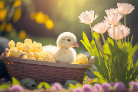 Adorable Easter duckling in a basket on nature background with flowers. selective focus. AI generated image.の素材
