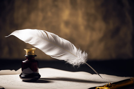 Old paper with goose feather and inkpot. AI generated picture.の素材