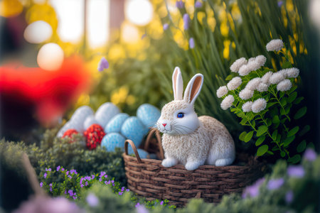 Adorable Easter rabbit with eggs on spring nature background. AI generative image.の素材