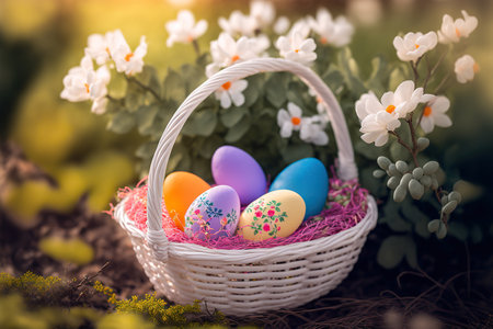 Basket with painted Easter eggs, floral nature background. selective focus. AI generated image.の素材