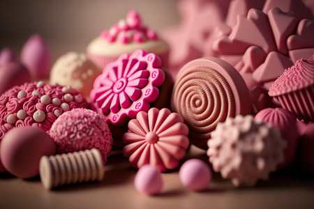 Different pink sweets, confectionery and pastry products. Blurred bokeh background. AI generated image.の素材