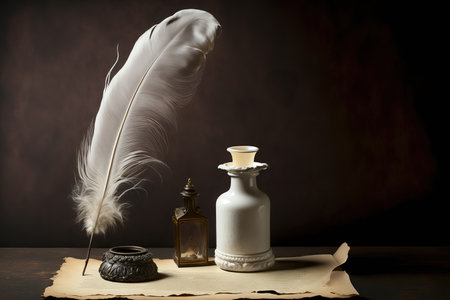 Old paper with goose feather and inkpot. AI generated picture.の素材