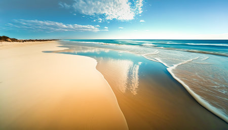 Beautiful and peaceful sea sandy coast, sunny summer beach scene, outdoor background. vacation time. Horizontal pc splash screen. AI generative image.の素材