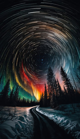 Breathtaking landscape with starry night sky and coniferous forest silhouette. Long exposure star trails. vertical format. AI generative image.の素材