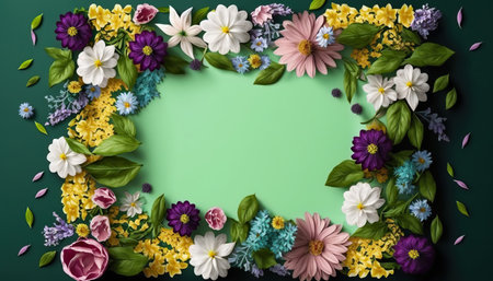 Springtime different flowers border frame with copy space in the middle. beautiful floral background. AI generative image.の素材