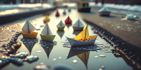 Spring time in the city. Cute small paper craft origami boats in the stream and melting snow on the city scape. Banner with copy space. AI generative image.の素材