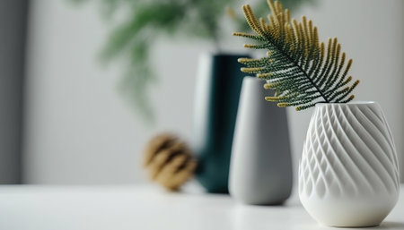 Modern minimal scandinavian style still life with plant and copy space. Light soft colored horizontal backdrop. AI generative image.の素材