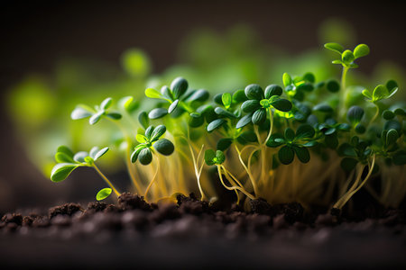 Beautiful young close up microgreen. Horizontal banner with fresh organic food healthy concept. AI generative image.の素材