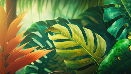 Beautiful different tropical leaves on blurred jungle horizontal background with copy space. Rainforest outdoor backdrop with place for text. AI generative image.の素材