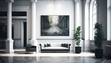 Beautiful bright luxury interior with sofa. indoor background. horizontal format. AI generative image.の素材
