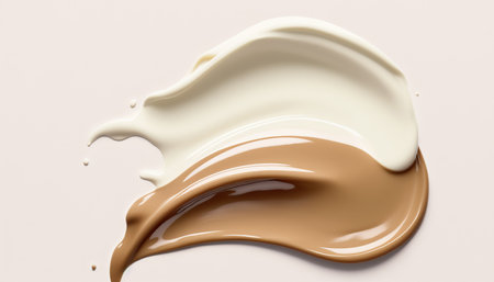 Close up smear of beige skin tone natural bb cream, beauty cosmetic product on white background. AI generative image.の素材