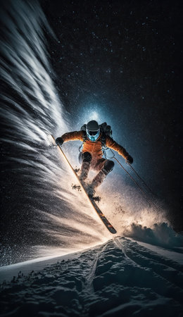 Extreme jumping skier with big snow cloud in a long exposure motion. Fantastic night sky with stars and Nortern lights. Extreme sport vertical background. AI generative image.の素材