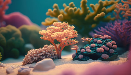 Beautiful underwater scene with coral reef ocean bottom horizontal background. tropical marine nature backdrop. AI generative image.の素材