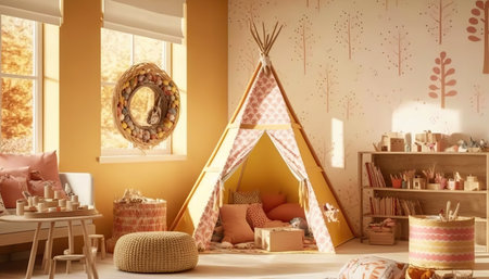 Boho style child's room, cozy bright interior. horizontal indoor background. AI generative image.の素材