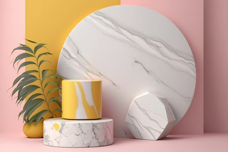 Beautiful abstract minimal marble round product podium display with plants. Pastel colors horizontal background. AI generative image.の素材