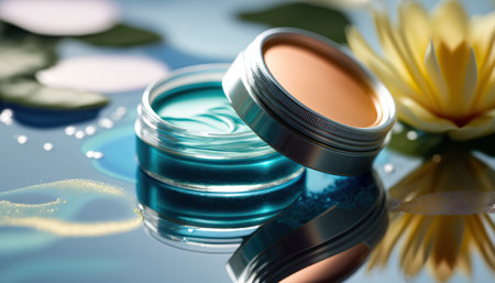 Beauty product cosmetic mockup on beautiful abstract spring nature pond with springtime plants and clean water. horizontal outdoor background. AI generative image.の素材