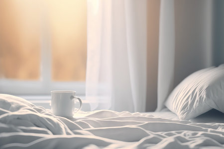 Life style illustration of cozy morning in the bedroom. Cup with hot drink indoor background with copy space. AI generated picture.の素材