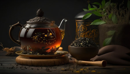 Close up hot tasty black tea, traditional breakfast drink. Dark indoor horizontal background. AI generative image.の素材