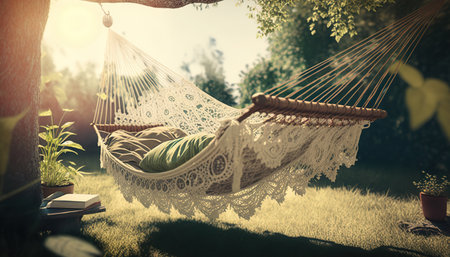 Comfortable cozy colorful hammock in boho style hanging on trees on outdoor sunny nature background. Blurred backdrop. AI generative image.の素材