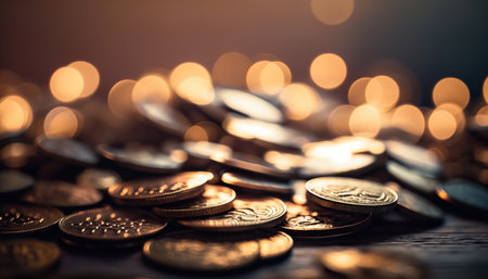 Abstract background with shiny golden coins with bokeh background. Horizontal banner with copy space. AI generative image.の素材