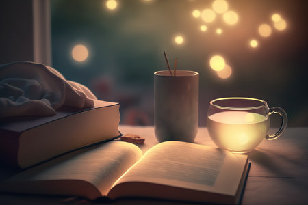 Cozy night apartment with open book and cup of beverage. Reading time concept. indoor horizontal background. AI generative image.の素材