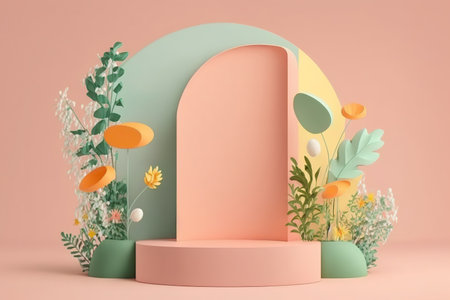 Abstract background with minimal cylindrical podium display and beautiful blossom plants. pastel colors. Springtime showcase layout. AI generative picture.の素材