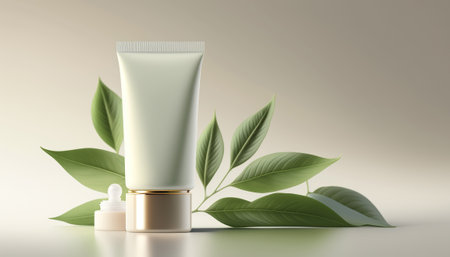 Beauty skincare cream in empty clean tube mockup on green leaves background, organic cosmetic product. Horizontal background with copy space. advertising poster. AI generative image.の素材