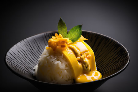 Close up sweet tasty Thai mango sticky rice delicious breakfast food on black background. AI generative image.の素材