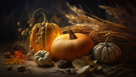 Autumn season harvest concept. Rural still life with seasonal vegetables and decorative elements. horizontal format. AI generative image.の素材