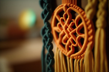 Close up illustration of beautiful hand made macrame, popular knitting hobby. Decorative element, indoor horizontal background with copy space. AI generative image.の素材