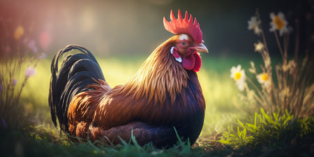 Portrait of domestic rooster farm bird on beautiful sunshine rural lawn outdoor background horizontal banner with copy space. AI generative image.の素材