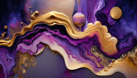 Abstract gold and purple paint smear waves, marble texture effect, modern art horizontal background. AI generative image.の素材